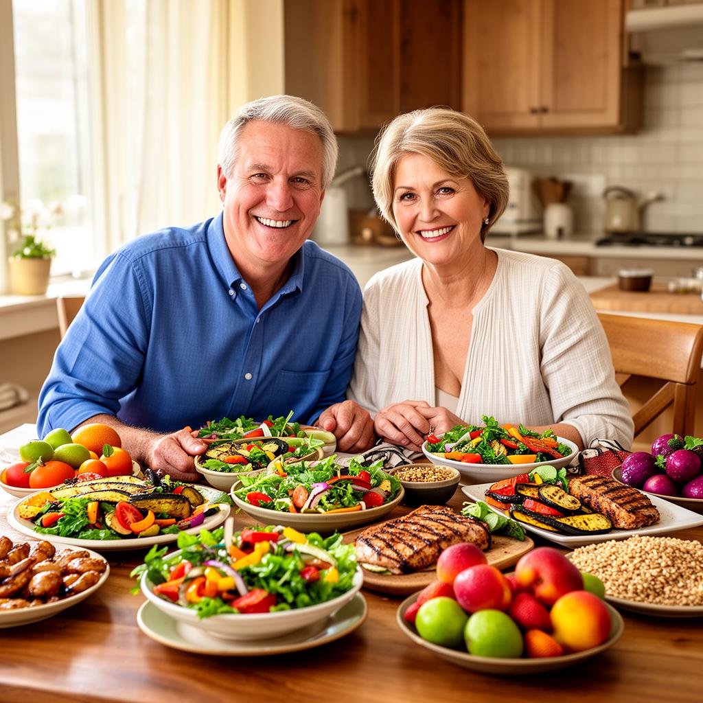 American man and woman smiling at the camera in front of a table full of healthy food